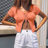 Tops Cardigan Tees New Ribbed T-Shirts Knitted Tie Front Short Sleeve Casual Lady Plain tank top women T-Shirt