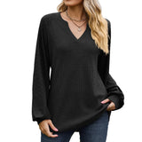 Zingj Autumn / Winter New V Collar Waffge Pure Color Long-Sleeved Loose T-Shirt Jacket Female-Outfit