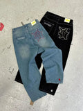 Baggy Casual Wide Leg Jeans Women Street Retro Hip Hop Embroidery Jeans Trend Fashion Black High-waist Jean Y2k Men