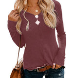 2020 Spring Autumn New Sexy V Neck Women's T Shrits Fashion Casual Solid Long Sleeve Ladies Waffle Check Knit Loose
