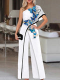Fashion New Printed Wide Leg Pants Romper Elegant Female Loose Long Office Overall Commute Slash Neck Women Sexy