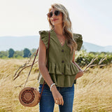 Women's 2022 Summer New Solid Color Casual Single Breasted Shirts Women's V-Neck Women's