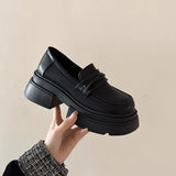 Zingj New Korean Version Of The Pine Cake Loafer Shoes Platform Raised Small Leather Shoes Female Black British Round Head Retro JK Single Shoes-Outfit