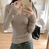 V-Neck Knitted Long-Sleeved T-Shirt Women's New Spring And Summer Style Slim And Thin Bottomed Shirt With A Shoulder