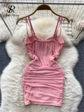 Spaghetti Strap Sexy Bodycon Short Dress Women Ruched Slim Mesh Beach Sundress Fashion Floral Backless Party