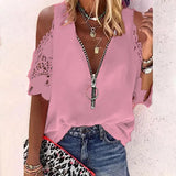 Lace Zipper Blouse Hollow Out Short Sleeve Women V-neck 5XL Casual Fashion Shirt Lady Loose Sexy Elegant Tops Mujer