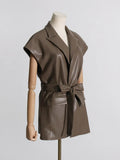 Zingj 2024 New Fashion Retro Handsome Lapel Belt Waist Show Thin Pu Vest Long Folded