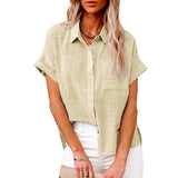 Summer New Women's Solid Color Linen Shirt Short Sleeve Casual Loose