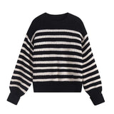 and White Striped Sweater Loose Long-sleeved Korean Fashion All-match Round Neck Women Sweater Casual Pullover