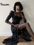 Y2k Fashion Party Vacation Beach Sexy Black Lace Long Dress Women's Spring Quarter Sleeve Mid-Calf Dresses