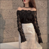 Fashion Women Lace Shirts Slash Neck Off Shoulder Long Sleeve Slim Lace Blouse Sexy Summer Top Femme Blusa