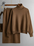 Women Gentle Knitted Suits Turtleneck Long Sleeve Loose Pullover+Elastic Waist Bodycon Skirt Winter Fashion Solid
