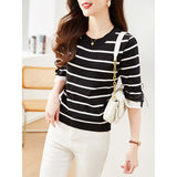 Photo Ice Silk T-Shirt Women's New Spring And Summer Sweater Seven Minute Sleeve Versatile Short Sleeve Loose Stripe