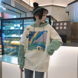 Women Printed Patchwork Hoody Simple Thicker All-match Loose Simple Korean Style BF Drawstring Womens Streetwear