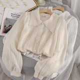 Sweet Peter Pan Collar Lace Hollow Casual Sweet Blouse Shirts Women Long Sleeve White Chemise Chic