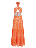 Solid Hollow Lace Women Dress Halter Strapless Sleeveless Naked Waist Sexy Long Dress Chic Evening Party Female