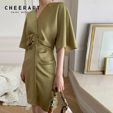 Designer Ruched V Neck Ladies Summer Dress 2021 Tunics Flare Sleeve Mini Dress Women Korean Fashion