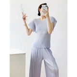 Folded Summer Korean Version Of The Shape Of The Round Collar Folded Short-Sleeved T-Shirt For Women's Relaxed Leisure Pure Color
