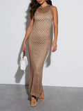 Round Neck Knitted Maxi Dress Women Sleeveless Hollow Out Bodycon Robes 2024 New Fashion Lady Beach Party