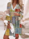 Holiday Casual Boho Beach Dress Women Retro Printed Party Dress Summer V Neck Lace Patchwork Hollow Out Pleated Mini