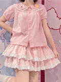 Summer Japanese Kawaii Lolita Pleated Skirts Womens Sweet Lace Patch Ruffle Cake Skirt Cute Bow Faldas Mujer Moda