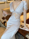 Women Elegant Summer Deep V Midi Dress Sexy Prom Evening Bodycon Party Birthday Club Fashion