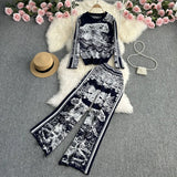 Zingj Suit Women's Round Collar Loose Jungle Animal Jacquard Long Sleeve Sweater Two-Piece High-Waisted Straight Leg Wide Leg