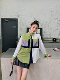 Designer Color Block Shirt Shacket Women Long Sleeve Top Green Patchwork Button Up Shirt Blouse Fall 2021