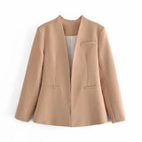 Solid Casual Women Suit Blazer Jacket Office Lady Double Pocket Cardigan Simple Coat Elegant Chic Streetwear