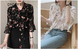 Shirts Korean Ladies Fashion Ruffle Half Sleeve Chiffon Shirt Simple Bow Tie Floral Print Blouse Women Tops Blusas