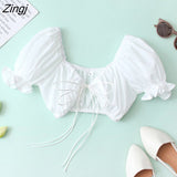 Women Summer 2022 Lace Up Bow tie Sexy Short Blouse Y2K Ladies Puff Sleeve Solid Corset Shirts Femme Crop Tops