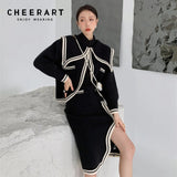 Vintage Black Designer Sweater Cardigan Women Big Collared Knit Cardign Coat High Fashion Autumn Winter