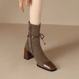 Temperament Style ~ New Square Head Thousand Bird Martin Boots Female 2025 Autumn Bow Thick High Heel Ankle