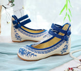 Zingj And White Porcelain Embroidered Cloth Shoes, Spring And Autumn Women's Single Shoes, Casual Double Plate Buckle Retro Shallow