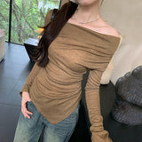 Kong Flavor Retro Chic Unique Super-Good-Looking Pleated Show Thin Shoulder Collar Long-Sleeved T-Shirt Women's Early Autumn New