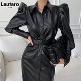 Autumn Long Soft Black Faux Leather Shirt Dress Belt Puff Long Sleeve Buttons Elegant Luxury Stylish Dresses for