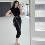 Dress With Belt Vintage Patchwork Slim Knitted Midi Dresses Women Autumn Winter Elegant Sweater Knit Dress 2021