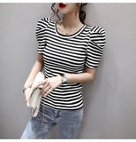 Summer Girls O-neck T-shirts Tops Woman Slim Short Puff Sleeve Vintage Striped T-shirt Tee