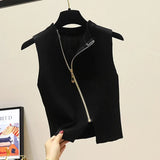 Summer Spring zipper Knit Tank Top Cami Korean Camisole Elastic Vest O Neck Solid Color New Slim Breathable Tops
