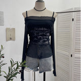 Real Shooting Spice Girls Shoulder Mesh Sun Hooded Sling Sling Long-Sleeved T-Shirt Top Two Sets Of Women