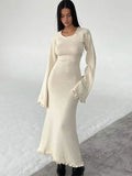 Flared Long Sleeve Round Neck Maxi Dress Women Back Lace Up Fishtail Slim Dresses Summer Fashion Lady Casual