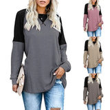 Autumn Patchwork Long Sleeved T-Shirt Fashion Loose Casual Top Women Oversized Tunic Round Neck Tee Shirt Pullovers