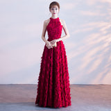 Feather Hanging Neck Open Shoulder Fashion Atmosphere Thin Long Skirt Evening Dress Students Graduation Performance Choral