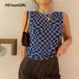 Plaid Knitted Crop Tank Tops Women Summer Vintage Sleeveless Cropped Top Tees Koreank Casual Knitwear