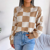 2025 Street Wind Hit The Color Lattice Long-Sleeved Knitted Sweater Women's