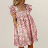 New Women Sweet Dress Summer Elegant Square Collar Puffles Sleeve Solid Mini Dress Ladies Casual Loose Pocket Beach