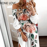 Women Off Shoulder Floral Print Off Shoulder High Slit Maxi Dress Bodycon Party