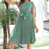 Floral Print Pleated Dresses Women Summer Dress YEMOGGY 2022 New Slim Casual High Waist Lace Up Midi Short Sleeve