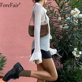 2022 Autumn Women Sexy T Shirts Vintage Fashion V Neck Button Y2k See Through White Casual Long Sleeve Top