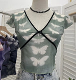 Sexy Hottie V-Neck Butterfly Print Short-Sleeved T-Shirt Slime Short-Navel Net T-Shirt Girl